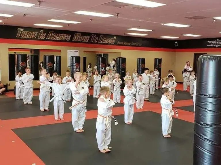 students practicing a basic stance in a safe dojo showing benefits of martial arts